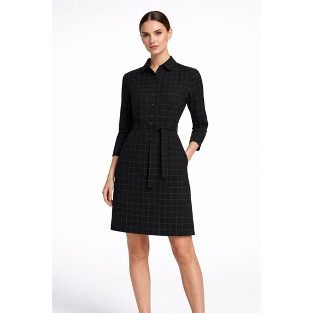 Dunderdon Ana Black Grid Windowpane‎ Shirt Dress Tie Waist Pockets Size M